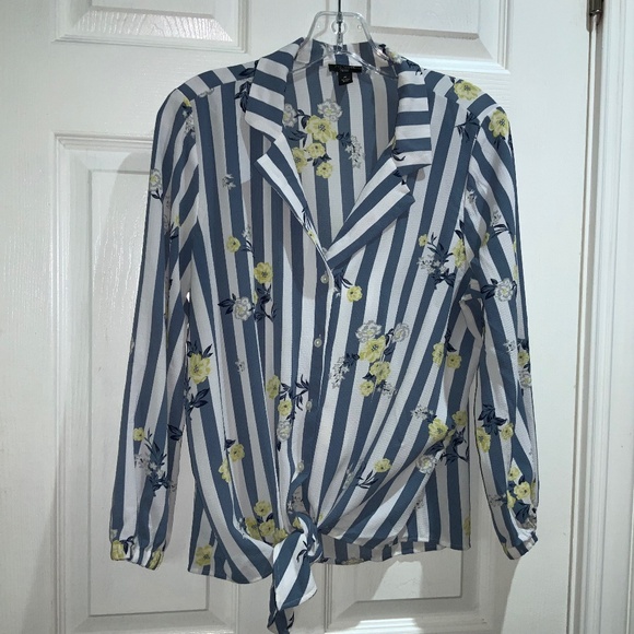 Ann Taylor blue white stripe long sleeve top Sz MP button front tie waist - Picture 1 of 6